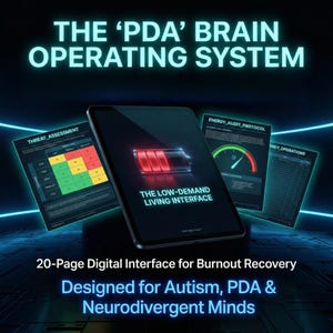 Könnte beinhalten: Eine digitale Benutzeroberfläche mit dem Text "THE 'PDA' BRAIN OPERATING SYSTEM" und "THE LOW-DEMAND LIVING INTERFACE". Die Oberfläche enthält ein Bedrohungsbewertungsdiagramm, ein Energieauditprotokoll und eine Liste der täglichen Abläufe. Entwickelt für Burnout-Erholung und neurodivergente Menschen.