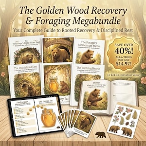 Könnte beinhalten: Das Golden Wood Recovery & Foraging Megabundle enthält Bücher, ein Tablet und Karten. Die Artikel zeigen Illustrationen von Bären und Text. Das Bundle enthält ein Stickerbogen und ein goldenes Siegel mit der Aufschrift "Save Over 40%!"