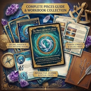 May include: An assortment of spiritual guides and workbooks, including a journal and atlas, with the text "COMPLETE PISCES GUIDE & WORKBOOK COLLECTION." The main card features a Pisces symbol with the text "30 DEGREES OF OCEAN, DREAMS, AND SPIRIT." Amethyst crystals and a compass are also visible.