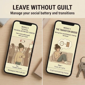 Puede incluir: Dos tel&eacute;fonos inteligentes muestran ilustraciones con texto. El tel&eacute;fono de la izquierda muestra a una mujer mirando su reloj, con texto sobre el reconocimiento de l&iacute;mites. El tel&eacute;fono de la derecha muestra a una mujer en un sof&aacute;, con texto sobre romper la inercia. El t&iacute;tulo dice "LEAVE WITHOUT GUILT".