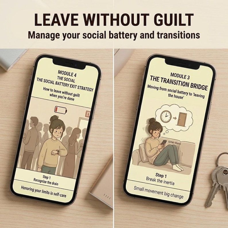 Puede incluir: Dos tel&eacute;fonos inteligentes muestran ilustraciones con texto. El tel&eacute;fono de la izquierda muestra a una mujer mirando su reloj, con texto sobre el reconocimiento de l&iacute;mites. El tel&eacute;fono de la derecha muestra a una mujer en un sof&aacute;, con texto sobre romper la inercia. El t&iacute;tulo dice "LEAVE WITHOUT GUILT".