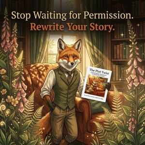 May include: An illustrated image features a fox dressed in a vest and tie, holding a book titled "The Plot Twist." The text above reads, "Stop Waiting for Permission. Rewrite Your Story." The background includes a library and floral elements.