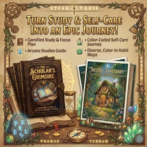 May include: An advertisement for study and self-care products. The image features a stack of books titled "The Scholar's Grimoire" and "The Cozy Sanctuary." The text reads "Turn Study & Self-Care Into An Epic Journey!" with additional text about gamified study and color-coded self-care.