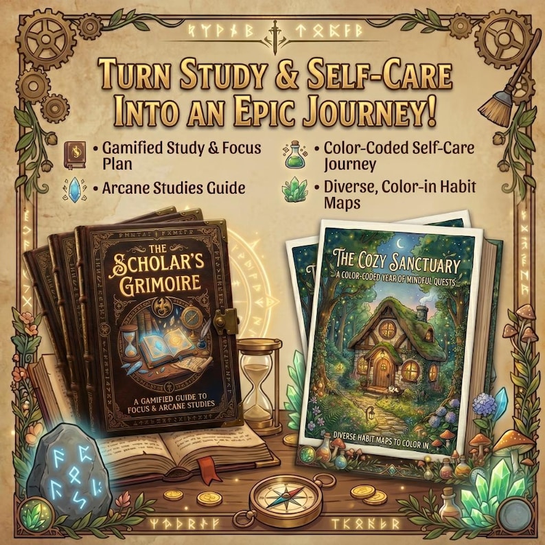May include: An advertisement for study and self-care products. The image features a stack of books titled "The Scholar's Grimoire" and "The Cozy Sanctuary." The text reads "Turn Study & Self-Care Into An Epic Journey!" with additional text about gamified study and color-coded self-care.