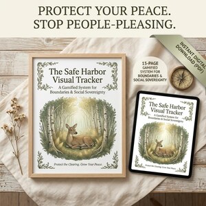 May include: A framed print and a tablet display "The Safe Harbor Visual Tracker." The print and tablet show a deer in a forest scene. Text includes "Protect Your Peace. Stop People-Pleasing." and "A Gamified System for Boundaries & Social Sovereignty."
