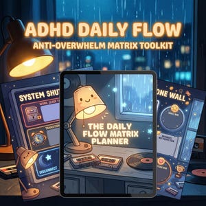 Könnte beinhalten: Illustrierte Werbung für das "ADHS Daily Flow" Anti-Overwhelm-Matrix-Toolkit. Das Bild zeigt ein Tablet mit "The Daily Flow Matrix Planner" mit einer Cartoon-Lampe. Weitere Elemente sind Kassetten, eine Schallplatte und zusätzliche Planungsseiten.