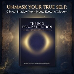 Può includere: Un libro blu scuro intitolato "THE EGO DECONSTRUCTION" con il sottotitolo "A SHADOW WORK & MIND TRAINING JOURNAL". La copertina presenta un design circolare luminoso. Il testo "UNMASK YOUR TRUE SELF" è in alto, con la citazione "Separare la voce della paura dalla voce della verità."