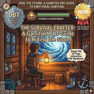 May include: An illustrated guide titled "The Survival Crafter: A Gamified DBT Guide to Riding the Storm." The image features a person holding a lantern, a stormy window view, and text that reads "Single File 22-Page Interactive PDF Workbook."