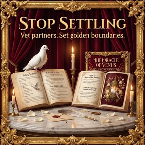 May include: An ornate image with the text "STOP SETTLING" and "Vet partners. Set golden boundaries." Several open books with text and illustrations are displayed, along with candles, a dove, and a framed book. The scene is framed by a gold border.