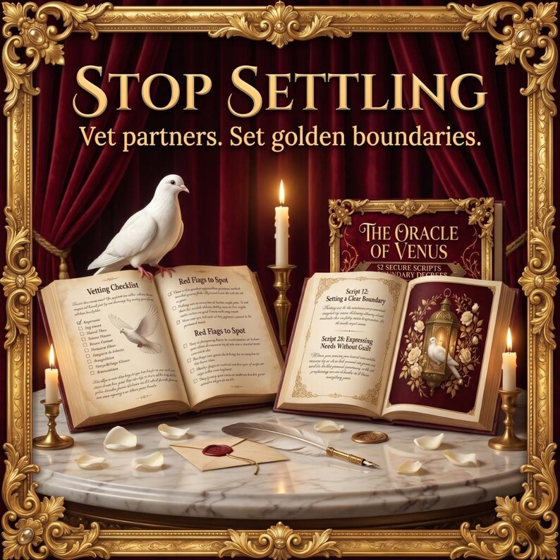 May include: An ornate image with the text "STOP SETTLING" and "Vet partners. Set golden boundaries." Several open books with text and illustrations are displayed, along with candles, a dove, and a framed book. The scene is framed by a gold border.