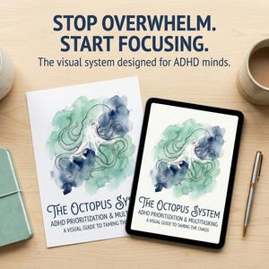 May include: A print and a tablet display the title "The Octopus System" with the subtitle "ADHD Prioritization & Multitasking." The artwork features an octopus illustration over watercolor washes of blue and green. The text above reads "STOP OVERWHELM. START FOCUSING."