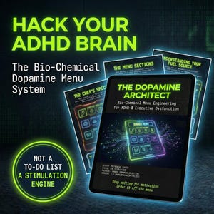 Könnte beinhalten: Ein digitales Tablet mit dem Text "HACK YOUR ADHD BRAIN" und "The Dopamine Architect". Das Bild hat ein Neon-Grün- und Lila-Farbschema mit den Worten "NOT A TO-DO LIST A STIMULATION ENGINE."