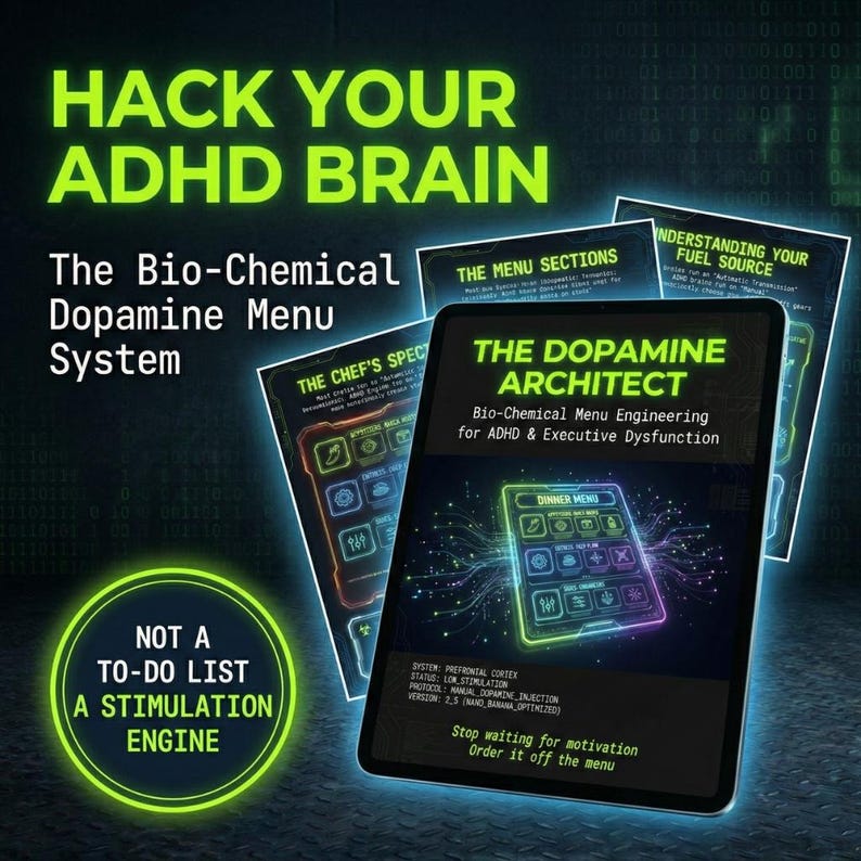 May include: A digital tablet displays the text "The Dopamine Architect" with the tagline "Bio-Chemical Menu Engineering for ADHD & Executive Dysfunction." Other screens show menu sections and the text "Hack Your ADHD Brain."