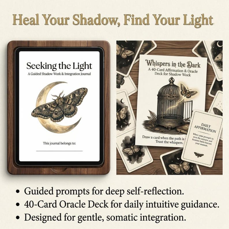 Ultimat skuggarbetespaket | Dark Academia Digital Journal Oracle Deck | Guidad helande arbetsbok, gamifierad vanespårare och månlig humörkarta bild 2