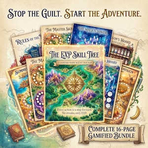 May include: A collection of colorful fantasy-themed game cards and booklets. The central card, "The EXP Skill Tree," features a map with a compass rose. Other cards include "The Mage's Tower" and "Dragon's Hoard." Text includes "Stop the Guilt. Start the Adventure."