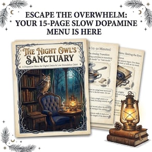May include: An illustrated 15-page menu, "The Night Owl's Sanctuary", for digital detox and quiet time. The image shows a room with an owl, a lantern, and instructions for relaxation, with text: "Escape the Overwhelm".