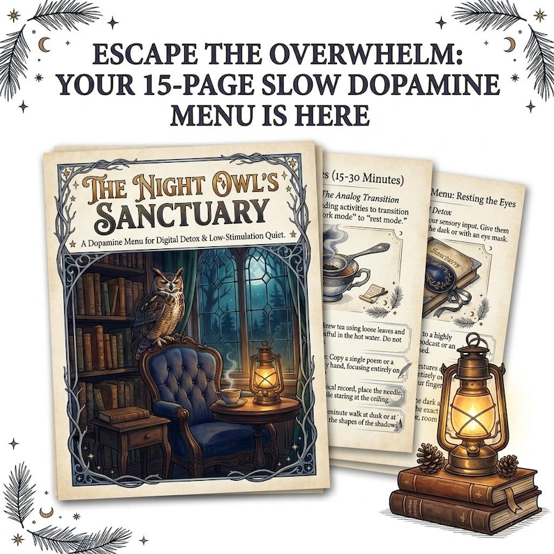 May include: An illustrated 15-page menu, "The Night Owl's Sanctuary", for digital detox and quiet time. The image shows a room with an owl, a lantern, and instructions for relaxation, with text: "Escape the Overwhelm".