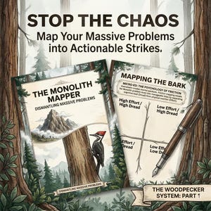 May include: A workbook titled The Monolith Mapper featuring a mountain and woodpecker illustration. Beside it, a page titled Mapping The Bark displays a quadrant chart. A fountain pen rests on the page. Text reads Stop The Chaos and The Woodpecker System.