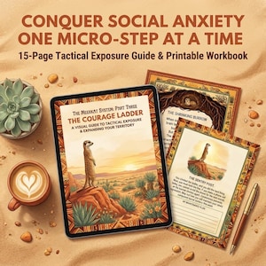 May include: A 15-page tactical exposure guide and printable workbook titled Conquer Social Anxiety One Micro-Step At A Time. The digital tablet displays The Meerkat System: Part Three The Courage Ladder with a meerkat illustration in a desert.