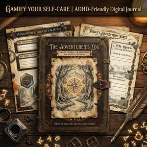 May include: A digital journal titled "The Adventurer's Log" with the text "Gamify Your Self-Care". The journal features a compass design and is designed for navigating the wilds of the mind. Includes pages for daily reflections and stats.
