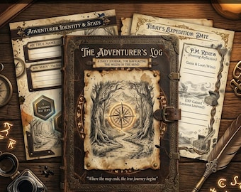 May include: A digital journal with the text "The Adventurer's Log" and "Gamify Your Self-Care". The journal features a compass design and is designed for navigating the wilds of the mind. Includes pages for daily reflections and stats.