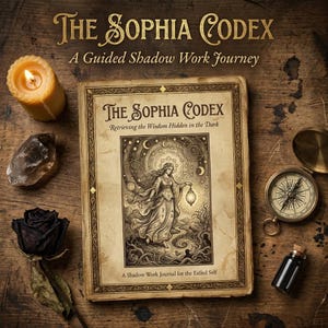 Könnte beinhalten: Ein offenes Buch mit dem Titel "The Sophia Codex" und dem Untertitel "A Guided Shadow Work Journey" liegt auf einer Holzoberfläche. Das Cover zeigt eine Illustration einer Frau mit einer Laterne. Eine brennende Kerze, ein Kristall, ein Kompass und eine schwarze Rose sind ebenfalls zu sehen.