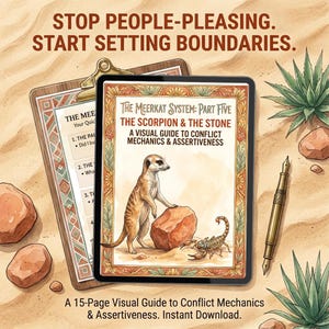 May include: A digital tablet displaying a guide titled The Meerkat System: Part Five, The Scorpion & The Stone, featuring an illustration of a meerkat and a scorpion. Beside it lies a clipboard with a checklist and a gold fountain pen.