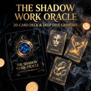 May include: A black oracle card deck with gold lettering and illustrations. The deck includes cards labeled "The Mask", "The Phoenix", and "The Serpent". A tablet displays the title "The Shadow Work Oracle" with the tagline "A Journey to the Hidden Self".
