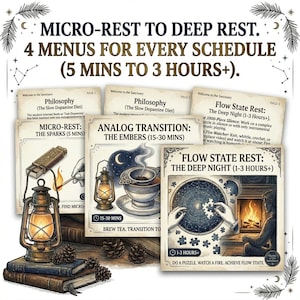 May include: An illustrated guide titled "MICRO-REST TO DEEP REST" with "4 MENUS FOR EVERY SCHEDULE (5 MINS TO 3 HOURS+)". The guide features cards with illustrations of a lantern, tea, and a puzzle, promoting relaxation and mindfulness.