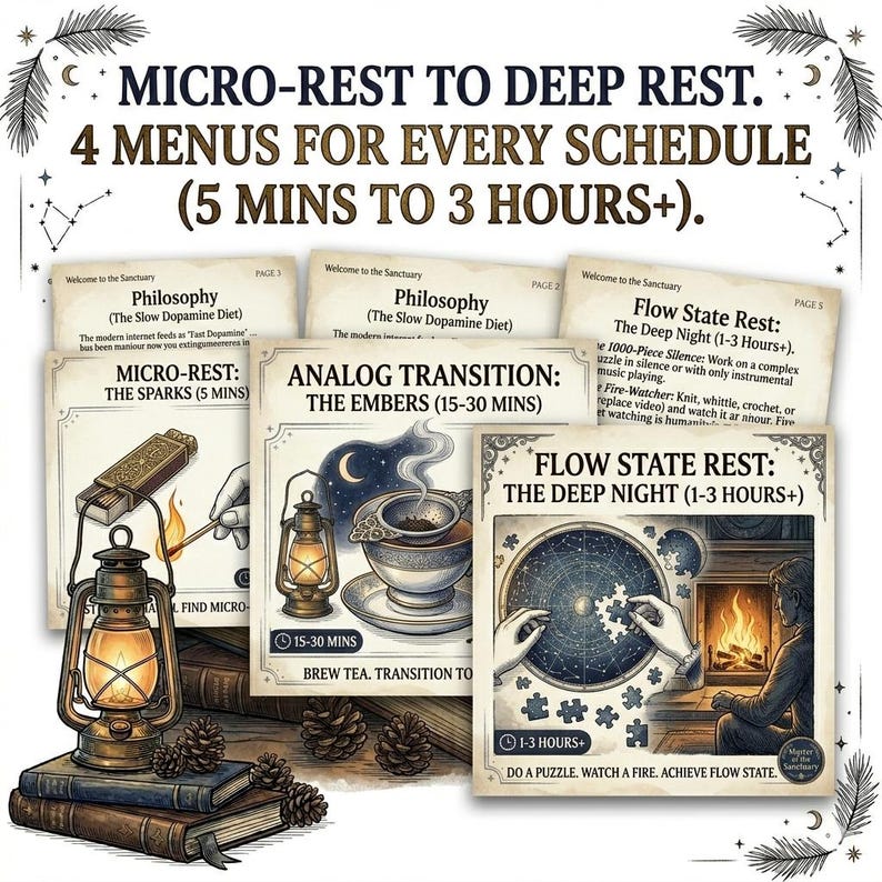 May include: An illustrated guide titled "MICRO-REST TO DEEP REST" with "4 MENUS FOR EVERY SCHEDULE (5 MINS TO 3 HOURS+)". The guide features cards with illustrations of a lantern, tea, and a puzzle, promoting relaxation and mindfulness.