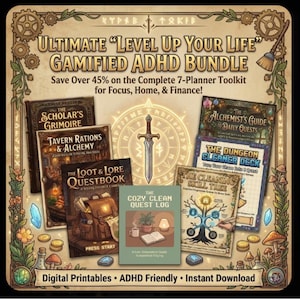 Puede incluir: Un paquete ilustrado de imprimibles digitales para TDAH, con siete planificadores temáticos. Los títulos incluyen "The Scholar's Grimoire" y "The Cozy Clean Quest Log". El paquete promete ayudar con el enfoque, el hogar y las finanzas.