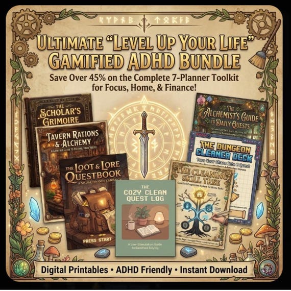 Gamified ADHD Planner Bundle | RPG Fantasy Quest Log & Life Organizer | Neurodivergent Executive Function | Adult Chore Cards Budget Meals