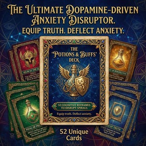 Puede incluir: Una baraja de 52 cartas únicas titulada "The Potions & Buffs Deck" con un diseño azul y dorado. Las cartas presentan varias ilustraciones y texto, incluyendo "Equip truth. Deflect anxiety."