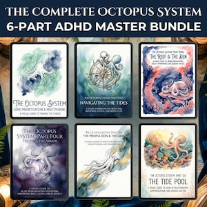 May include: The Complete Octopus System 6-Part ADHD Master Bundle. Six digital guides with octopus and marine life watercolor illustrations. Titles include "Navigating the Tides," "The Reef & The Den," and "The Tide Pool." Each guide offers visual aids for ADHD management.