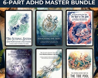 May include: The Complete Octopus System 6-Part ADHD Master Bundle. Six digital guides with watercolor illustrations of octopuses and marine life. Titles include "Navigating the Tides," "The Reef & The Den," and "The Tide Pool." Each guide offers visual aids for ADHD management.