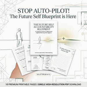 Può includere: Un insieme di pagine stampabili con il testo "The Future Self Accountability Blueprint" e "A Letter from My Future Self". Le pagine sono bianche con testo e illustrazioni nere. Il testo "STOP AUTO-PILOT! The Future Self Blueprint is Here" è in alto.