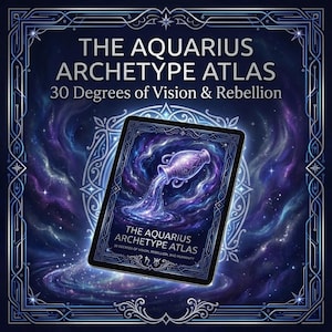 May include: A digital tablet displaying "THE AQUARIUS ARCHETYPE ATLAS" with the text "30 Degrees of Vision & Rebellion." The cover art features a purple pitcher pouring water, set against a cosmic background with stars and nebulas. The tablet is framed by a decorative border.