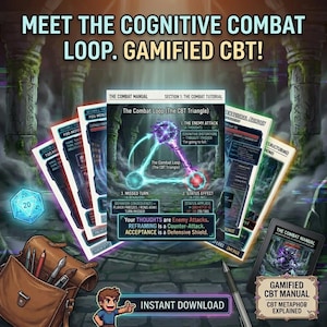 Pode incluir: An&uacute;ncio de um manual de TCC gamificado. A imagem apresenta uma bolsa marrom com materiais de arte, um dado de 20 lados e v&aacute;rios cart&otilde;es com texto e diagramas. O texto diz "Meet the Cognitive Combat Loop. Gamified CBT!" e "Instant Download."