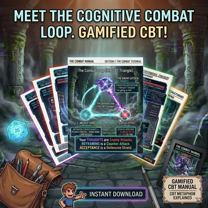 Pode incluir: An&uacute;ncio de um manual de TCC gamificado. A imagem apresenta uma bolsa marrom com materiais de arte, um dado de 20 lados e v&aacute;rios cart&otilde;es com texto e diagramas. O texto diz "Meet the Cognitive Combat Loop. Gamified CBT!" e "Instant Download."