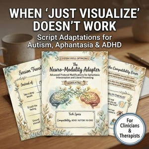 May include: Three printed guides with text and illustrations. The central guide is titled "The Neuro-Modality Adapter" with "Translating..." below. The guides address Autism, Aphantasia, and ADHD. The text includes "For Clinicians & Therapists."