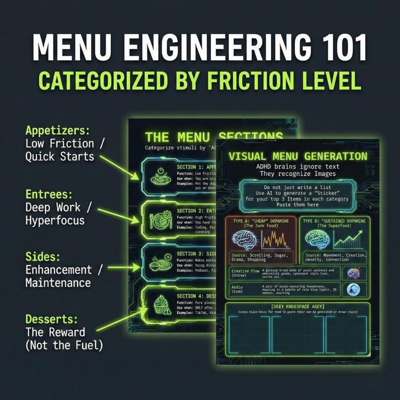 May include: A digital graphic titled "Menu Engineering 101" categorized by friction level. The graphic includes sections for appetizers, entrees, sides, and desserts. It also features a visual menu generation section with information on dopamine.
