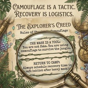 May include: An illustrated vintage-style print with text about camouflage and exploration. The print features a magnifying glass, compass, and botanical elements. The text includes phrases like "Camouflage is a tactic" and "The Explorer's Creed."