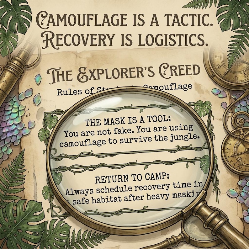 May include: An illustrated vintage-style print with text about camouflage and exploration. The print features a magnifying glass, compass, and botanical elements. The text includes phrases like "Camouflage is a tactic" and "The Explorer's Creed."