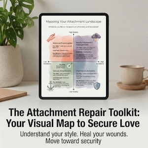 May include: A digital tablet displays a diagram titled "Mapping Your Attachment Landscape." The diagram categorizes attachment styles, with text including "Anxious-Preoccupied" and "Secure Attachment." Below, text reads "The Attachment Repair Toolkit: Your Visual Map to Secure Love."
