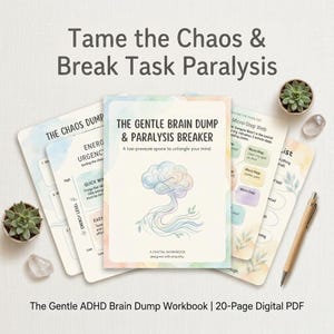 Caderno de Exercícios Suaves para Desabafo Mental de Pessoas com TDAH, Quebrando a Paralisia das Tarefas, Planejador para Adultos Neurodivergentes, PDF Digital para Baixa Energia, Auxílio para Disfunção Executiva