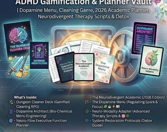 May include: An advertisement for the "Ultimate ADHD Gamification & Planner Vault." The image features a vault door with various digital planners and cards, including "Dopamine Menu" and "Neuro-Modality Adapter." Text includes "Unlock Your Vault Now - Instant Download."