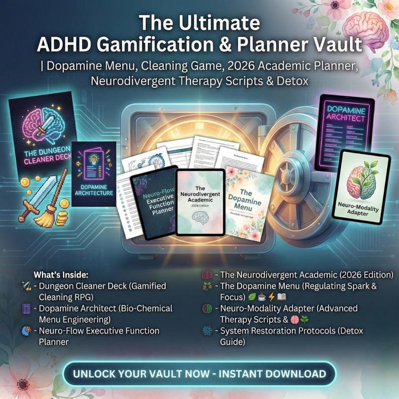 May include: An advertisement for the "Ultimate ADHD Gamification & Planner Vault." The image shows a vault door with digital planners and cards, including "Dopamine Menu" and "Neuro-Modality Adapter." Text includes "Unlock Your Vault Now - Instant Download."