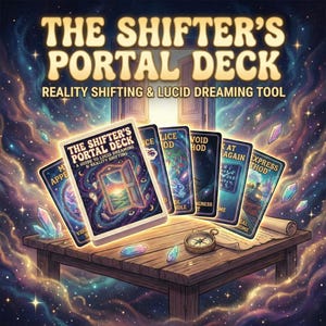 May include: An illustrated deck of cards titled "The Shifter's Portal Deck" with the text "Reality Shifting & Lucid Dreaming Tool." The cards are on a wooden table with crystals and a compass. The background is a cosmic scene.