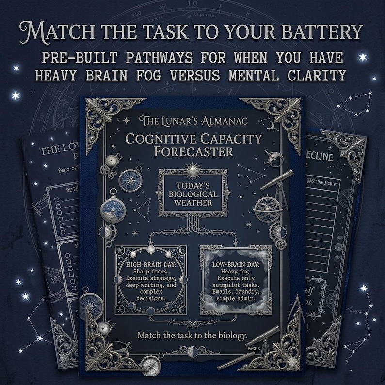 May include: A dark blue, fantasy-themed chart titled "The Lunar's Almanac Cognitive Capacity Forecaster." The chart includes text such as "Match the task to your battery" and "Today's Biological Weather." Decorative elements include stars, compasses, and telescopes.