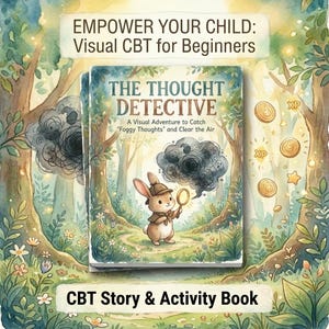 May include: A children's book titled "The Thought Detective" with a rabbit detective illustration. The cover features text: "Empower Your Child: Visual CBT for Beginners" and "CBT Story & Activity Book". The background is a watercolor forest scene.